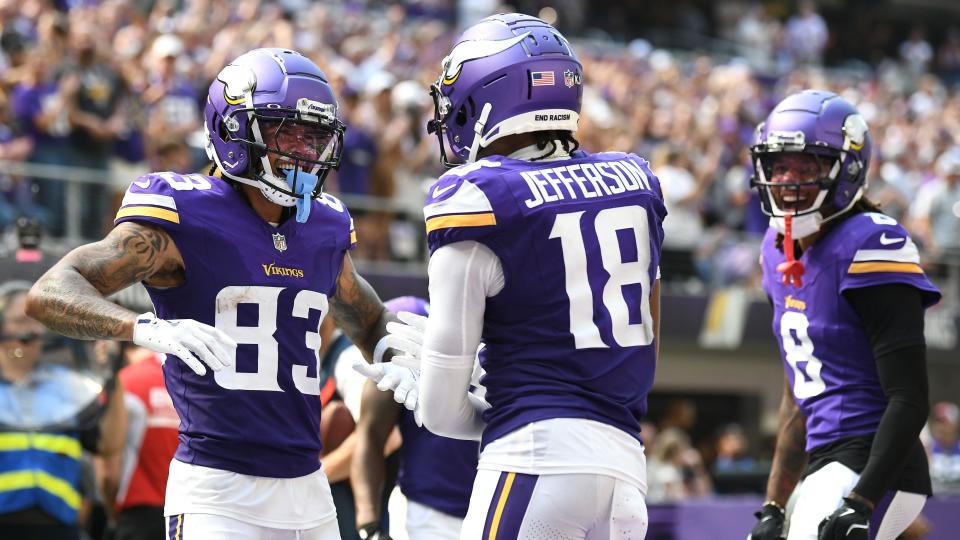 Minnesota Vikings receiver Justin Jefferson celebrates scoring a touchdown with his team-mates