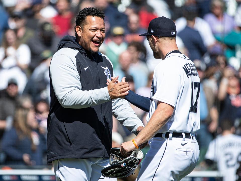 Detroit Tigers designated hitter Miguel Cabrera shakes hands with left fielder Austin Meadows after the Tigers won 3-0 over the New York Yankees at Comerica Park on Thursday, April 21, 2022.