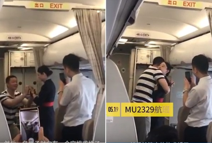 An air hostess has been fired after her boyfriend proposed to her during a flight. Source: YouTube/PearVideo