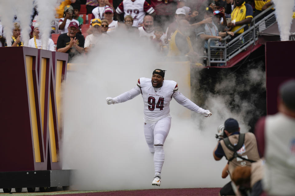 Washington Commanders defensive tackle Daron Payne (94) takes to the field before the start of the first half of an NFL football game against the Arizona Cardinals, Sunday, Sept. 10, 2023, in Landover, Md. (AP Photo/Alex Brandon)