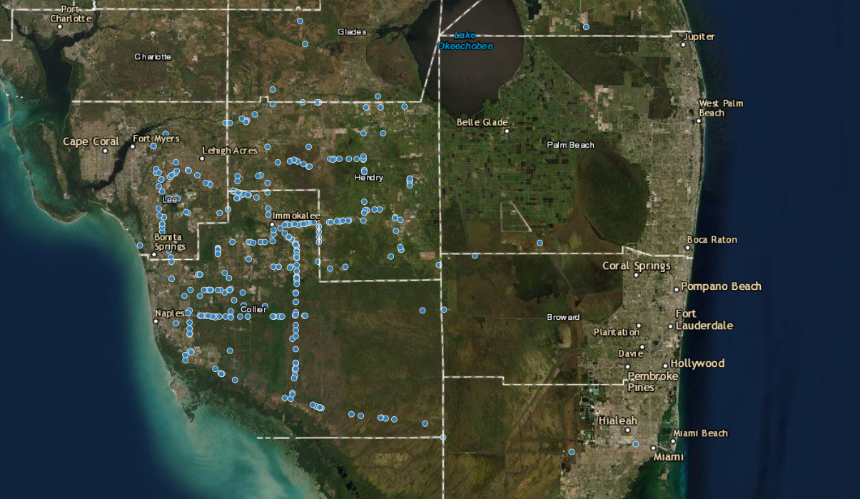 Marked locations of recorded panther deaths as blue dots show each instance a Florida panther was stuck and killed by a vehicle between Feb. 13, 1972 - Jan. 2, 2021. Out of 613 total panther death records in this time period, 374 were killed by a vehicle.