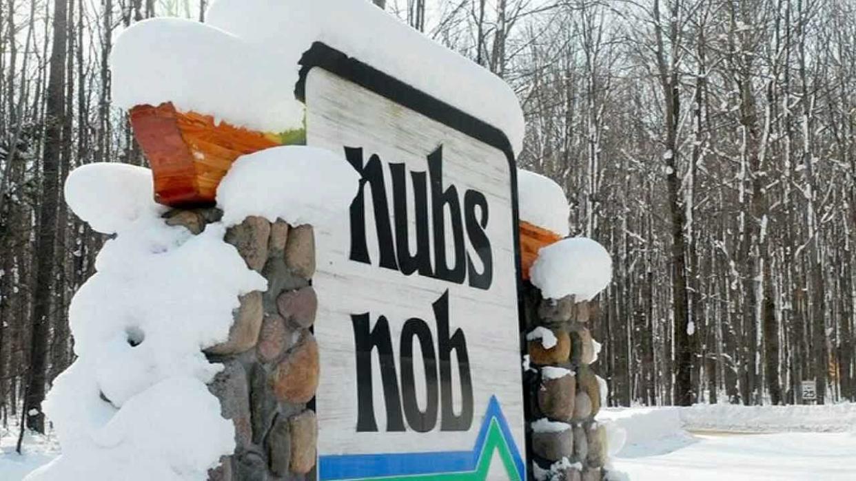 A winter view of the sign at Nub's Nob in Harbor Springs.