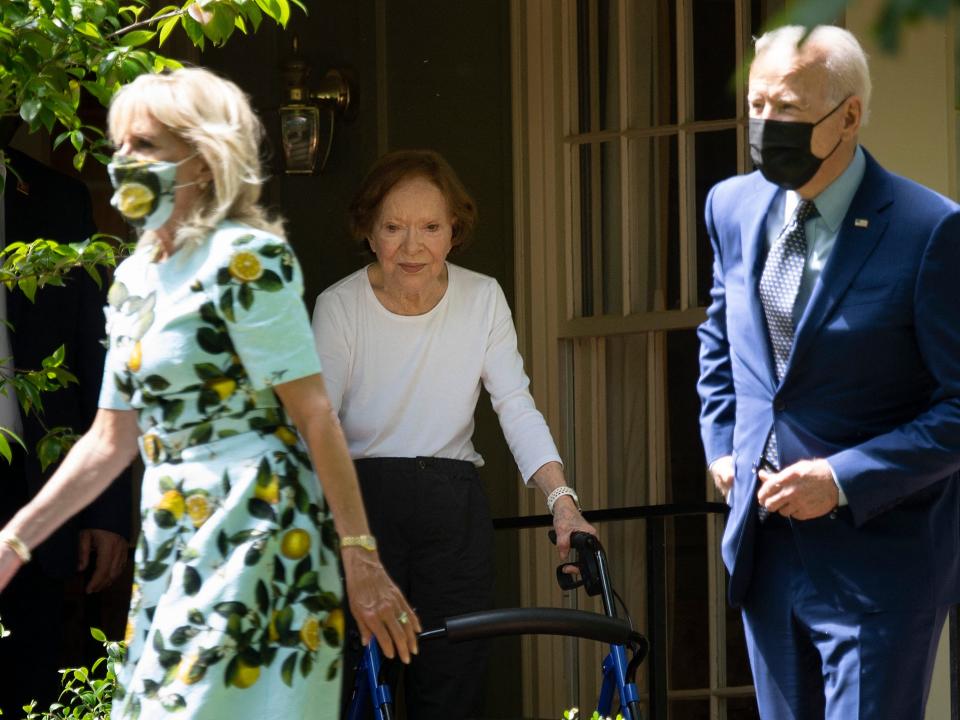 Rosalynn Carter is pictured at her home following a visit with President Joe Biden and first lady Jill Biden in April 2021.