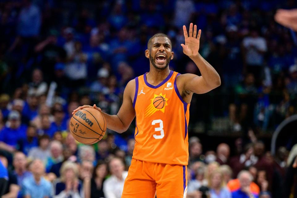 May 8, 2022; Dallas, Texas, USA; Phoenix Suns guard Chris Paul (3) sets the play against the Dallas Mavericks during the second quarter during game four of the second round for the 2022 NBA playoffs at American Airlines Center.