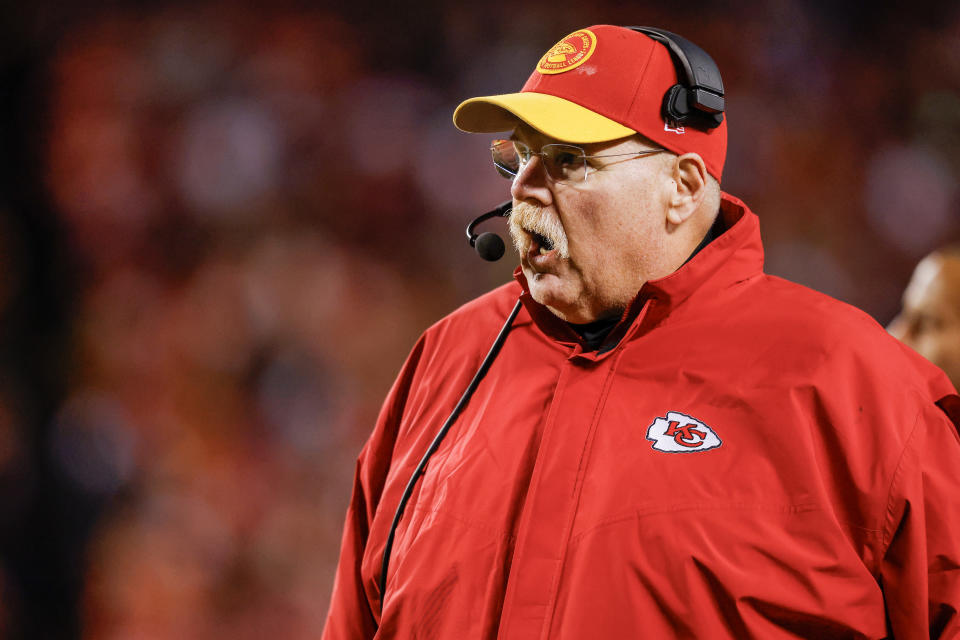 Chiefs coach Andy Reid was not happy with a key penalty in Sunday's loss. (Photo by David Eulitt/Getty Images)