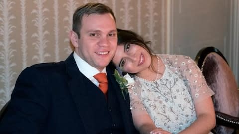 Matthew Hedges with wife Daniela Tejada. He has been held in solitary confinement in a prison in the UAE for five months - Credit: Daniela Tejada