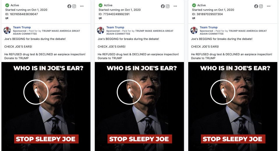 Facebook ads from Donald Trump's campaign promote a conspiracy that Joe Biden would rely on an earpiece during their first debate. (Facebook)