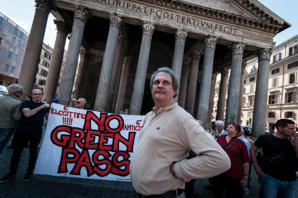 Roberto Fiore, leader of the extreme right-wing Forza Nuova party, is seen during a sit-in protest in Piazza della Rotonda (Pantheon) against the Green Pass mandate, September 6, 2021 in Rome, Italy. / Credit: Andrea Ronchini/NurPhoto/Getty