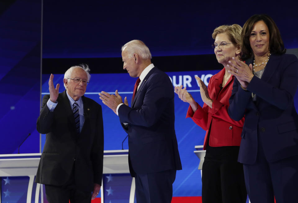 Sen. Bernie Sanders, I-Vt., left, takes the stage with, from left, former Vice President Joe Biden, Sen. Elizabeth Warren, D-Mass., and Sen. Kamala Harris, D-Calif., for the Democratic presidential primary debate hosted by ABC on the campus of Texas Southern University Thursday, Sept. 12, 2019, in Houston. (AP Photo/Eric Gay)