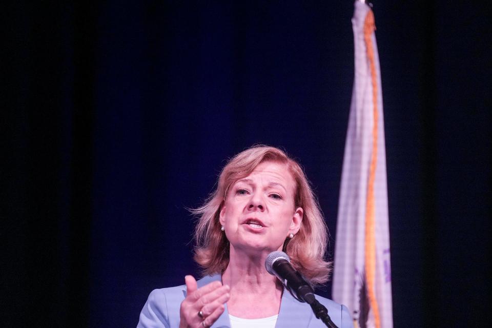 U.S. Senator Tammy Baldwin speaks during the Wisconsin Democratic Party 2023 state convention on Saturday, June 10, 2023, at the Radisson Hotel & Center in Green Bay, Wis.