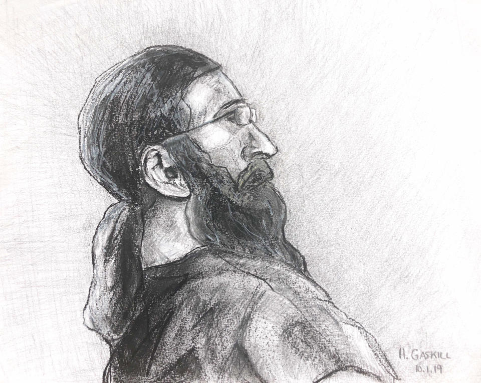 In this sketch made available by Capital News Service, Jarrod Ramos appears in Anne Arundle County Circuit Court Tuesday, Oct. 1, 2019 in Annapolis, Md. Ramos is charged with the fatal shooting of five employees at the Capital Gazette newsroom in June 2018. (Hannah Gaskill/Capital News Service via AP)