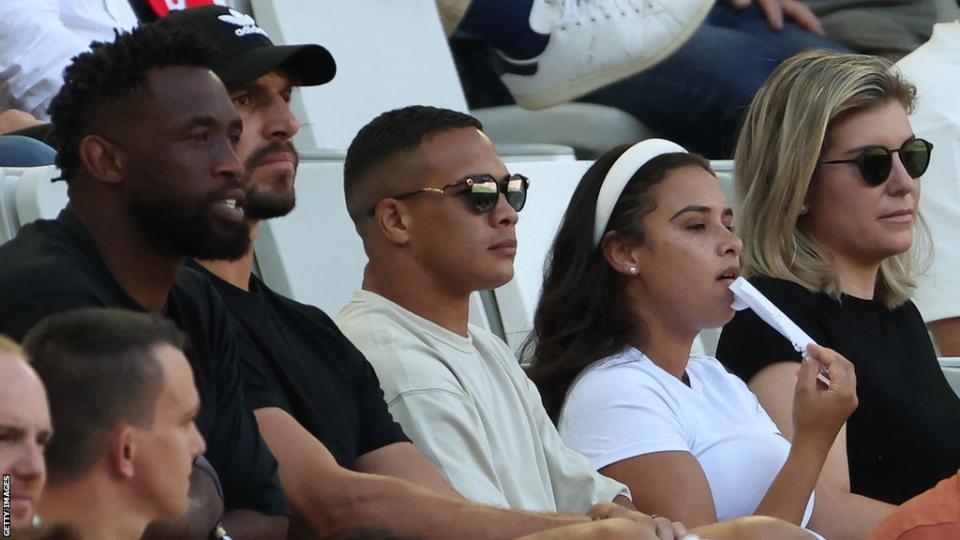 South Africa flanker Siya Kolisi, lock Eben Etzebeth and wing Cheslin Kolbe in the stands watching Samoa's win over Chile