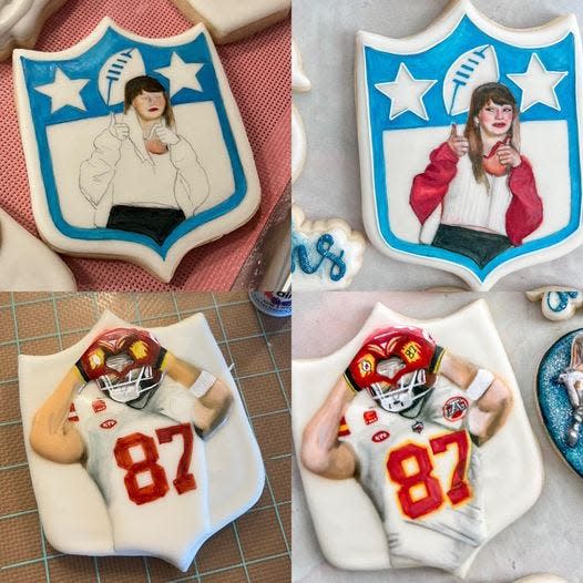 Justina Rucinski posts updates while working on her Taylor Swift-Travis Kelce cookie set.