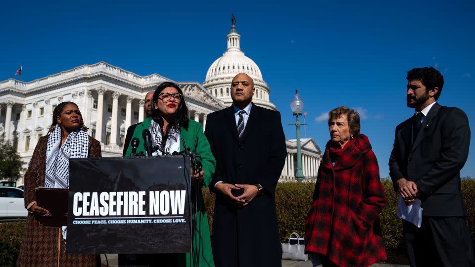 Rep. Rashida Tlaib, a Democrat from Michigan, center left, speaks during a news conference outside the US Capitol in Washington, DC, US, on Thursday, Feb. 29, 2024. - Kent Nishimura/Bloomberg/Getty Images