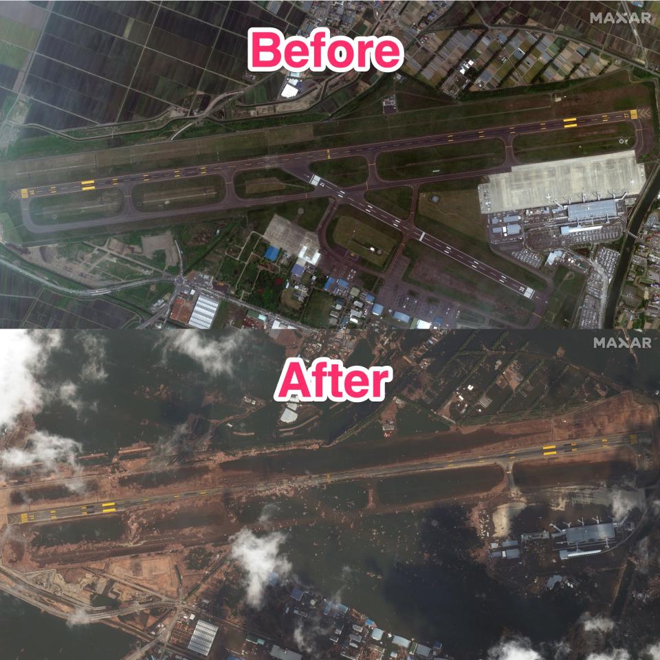 Before and after of the Sendai airport after the 2011 tsunami