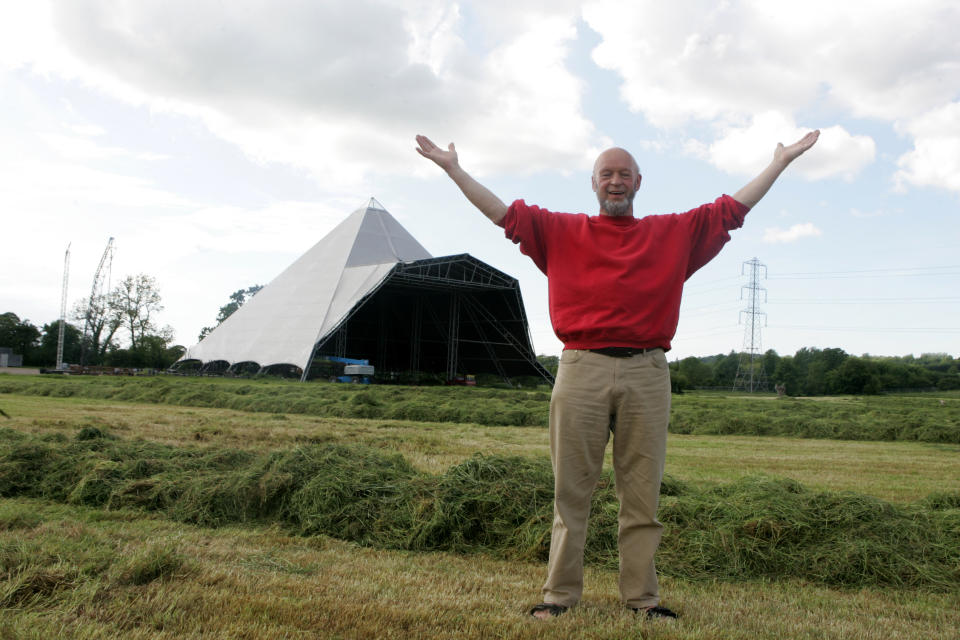 Behind the scenes at Glastonbury Festival with Michael and Emily Eavis in 2005  (Photo by Andy Willsher/Redferns/Getty Images)