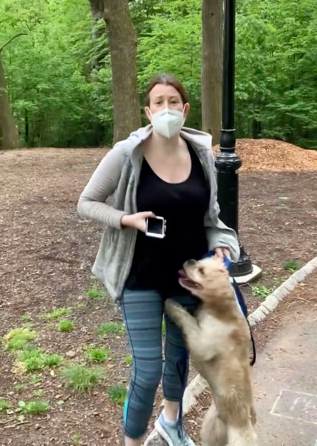 Amy Cooper is shown with her dog in a viral video from May 2020. (Photo: via Associated Press)