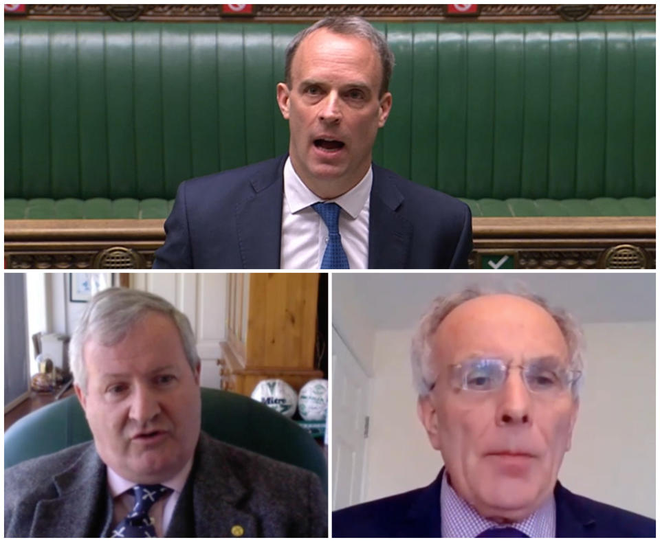 Dominic Raab, Ian Blackford and Peter Bone at the first ever virtual PMQs. (Parliamentlive.tv)