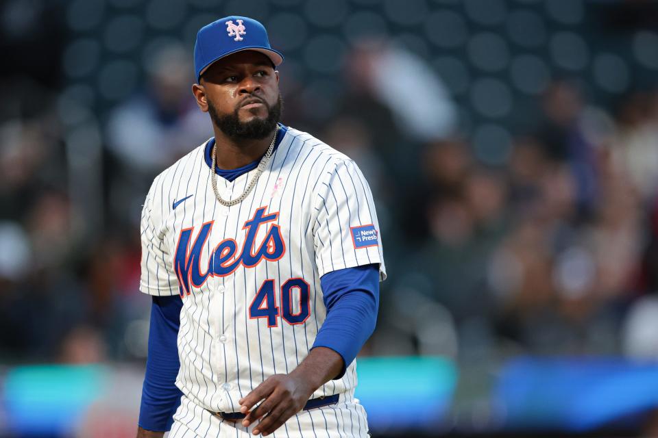 New York Mets starting pitcher Luis Severino (40) walks off the field after the top of the second inning against the Atlanta Braves on May 12, 2024, at Citi Field.