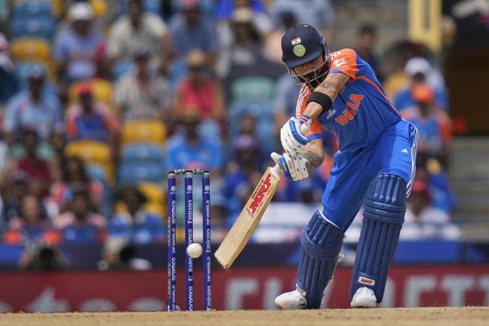 India's Virat Kohli bats during the ICC Men's T20 World Cup final cricket match between India and South Africa at Kensington Oval in Bridgetown, Barbados, Saturday, June 29, 2024. (AP Photo/Ramon Espinosa)