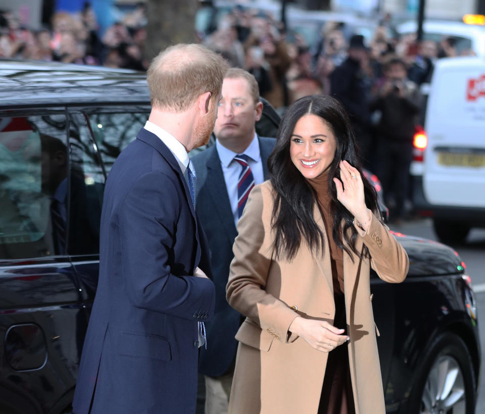 The Duke and Duchess of Sussex arriving for their visit to Canada House, central London, to meet with Canada's High Commissioner to the UK, Janice Charette, as well as staff, to thank them for the warm hospitality and support they received during their recent stay in Canada. (Photo by Yui Mok/PA Images via Getty Images)