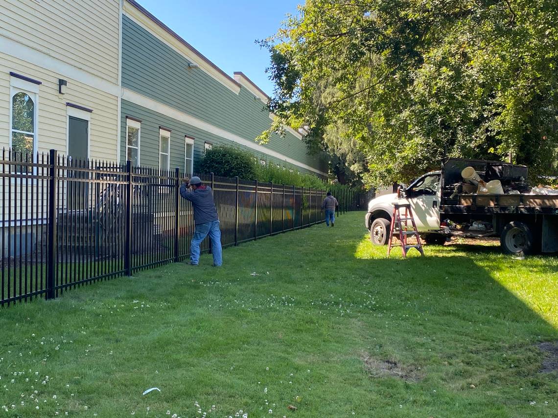 A 6-foot-tall fence was recently installed around the perimeter of the Meeker Mansion.