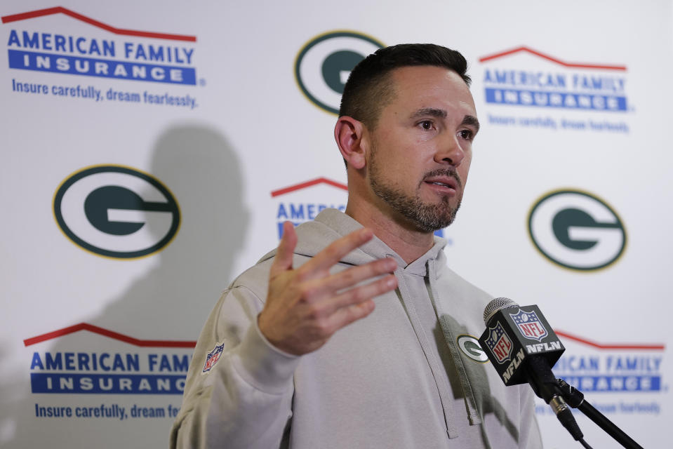 Green Bay Packers head coach Matt LaFleur answers questions during a news conference after an NFL football game against the New York Giants, Monday, Dec. 11, 2023, in East Rutherford, N.J. (AP Photo/Adam Hunger)