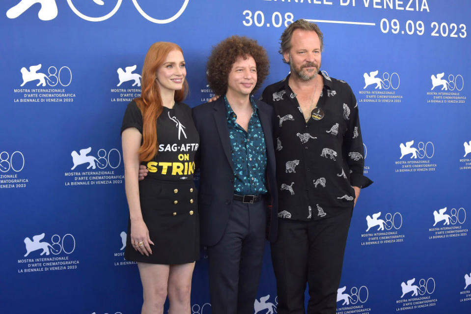 American actress Jessica Chastain and american actor Peter Sarsgaard and mexican director Michel Franco at the 80 Venice International Film Festival 2023. Photocall Memory. Venice (Italy), September 8th, 2023 (Photo by Rocco Spaziani/Archivio Spaziani/Mondadori Portfolio via Getty Images)