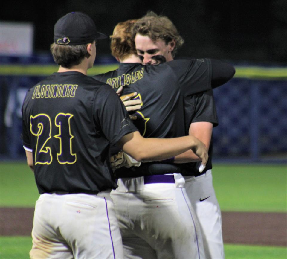 Campbell County senior Greg Vineyard embraces a teammate after the end of the game as Campbell County lost in the KHSAA state baseball quarterfinals June 4, 2022.