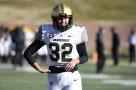 Vanderbilt place kicker Sarah Fuller warms up before the start of an NCAA college football game against Missouri Saturday, Nov. 28, 2020, in Columbia, Mo. (AP Photo/L.G. Patterson)