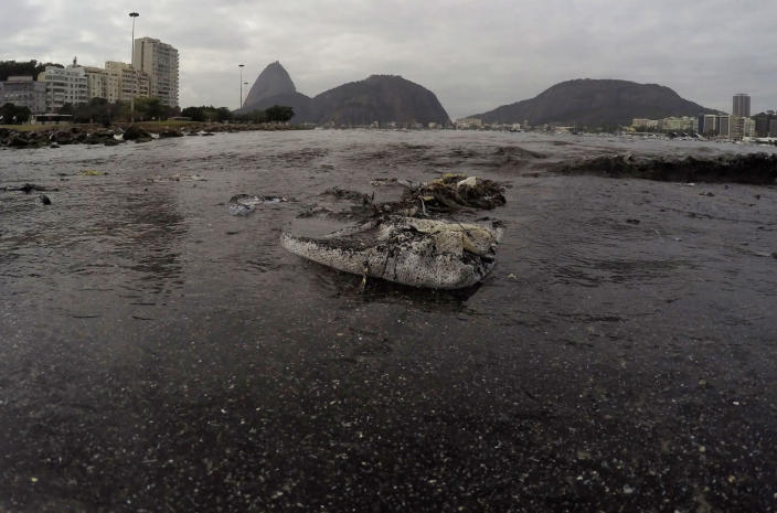<p>Thrash floats on the water of Botafogo beach next to the Sugar Loaf mountain and the Guanabara Bay where sailing athletes will compete during the 2016 Summer Olympics in Rio de Janeiro, Brazil, Saturday, July 30, 2016. A recent investigation by Associated Press on water quality at aquatic venues for the 2016 Olympic Games in Rio de Janeiro, Brazil, has raised concerns about the risk to the health of athletes who will compete. The games start on August 5.(AP Photo/Leo Correa)