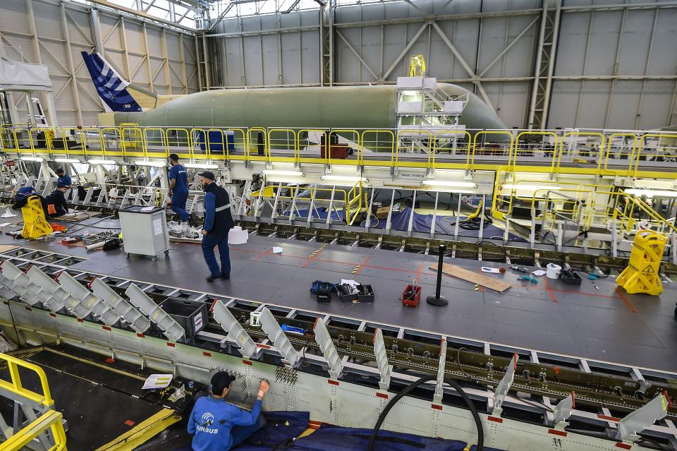 The Airbus BelugaXL on the assembly line in 2018.