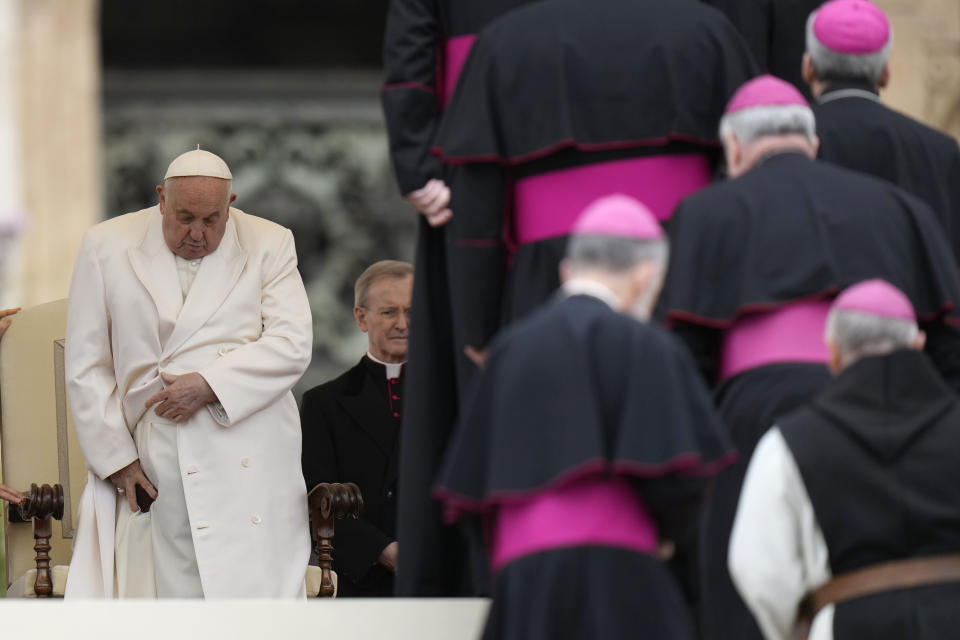 Pope Francis holds his weekly general audience, in St. Peter's Square, at the Vatican, Wednesday, April 3, 2024. (AP Photo/Alessandra Tarantino)