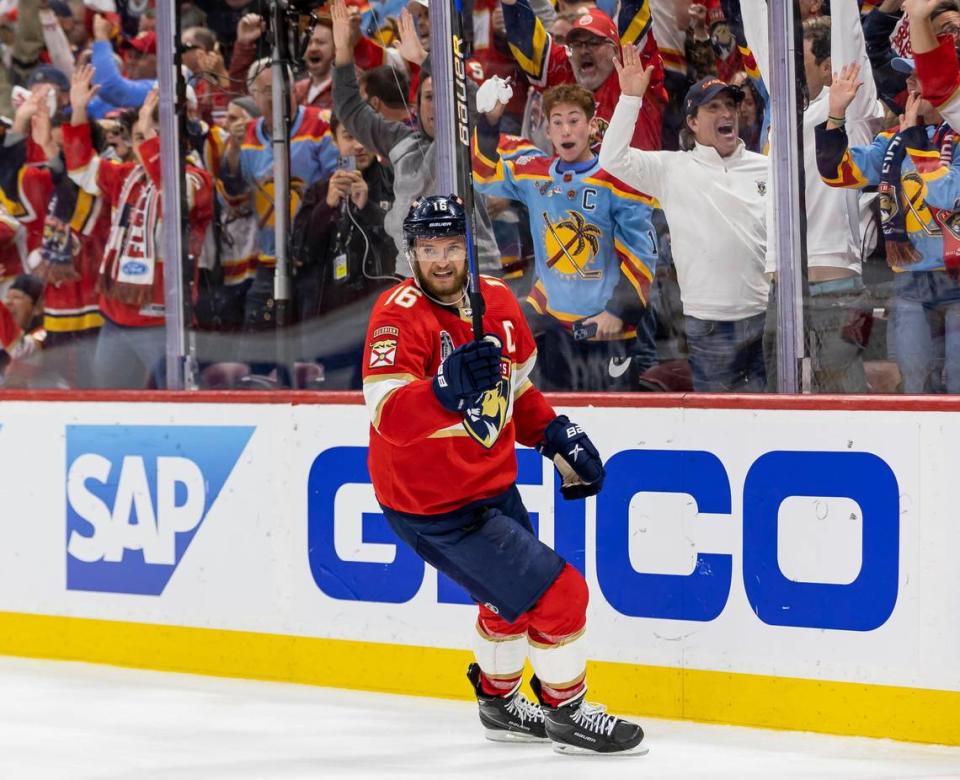 Florida Panthers center Aleksander Barkov (16) celebrates after scoring a goal against the Vegas Golden Knights in the third period of Game 4 of the NHL Stanley Cup Final at the FLA Live Arena on Saturday, June 10, 2023, in Sunrise, Fla.