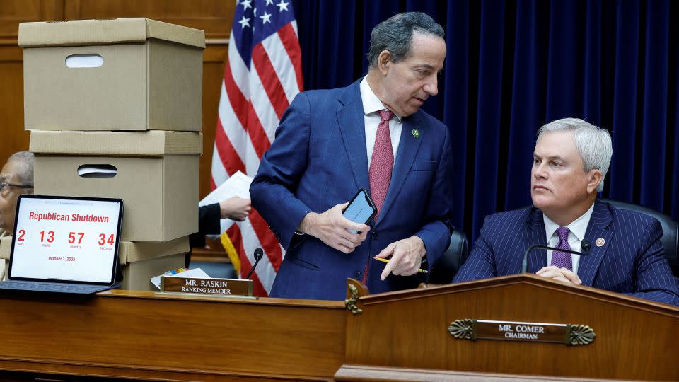 Rep.Jamie Raskin and Oversight Chairman James Comer speak on Capitol Hill in Washington, DC, on Thursday. - Jonathan Ernst/Reuters