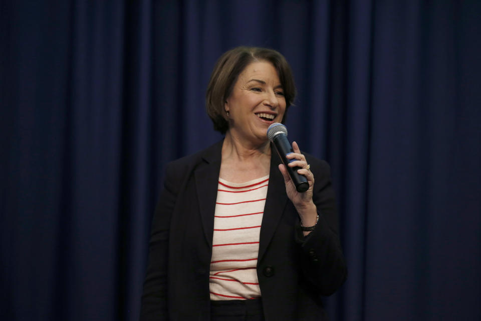 Democratic presidential candidate Sen. Amy Klobuchar, D-Minn., speaks during a campaign stop, Friday, Nov. 22, 2019, in Henniker, N.H. (AP Photo/Mary Schwalm)