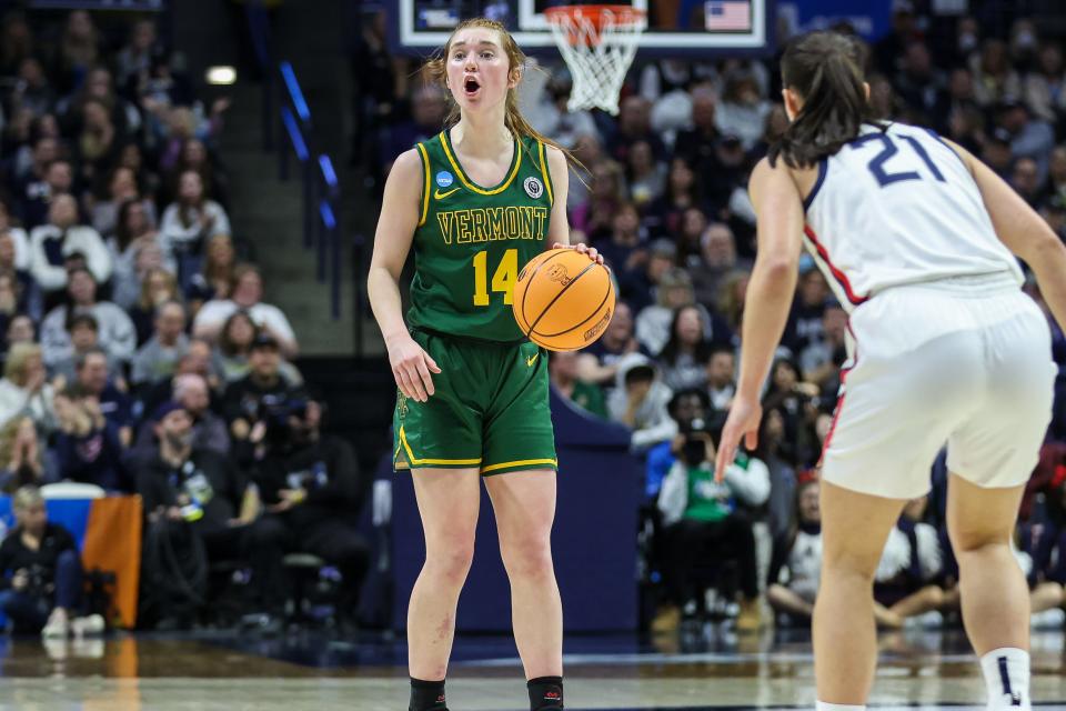 Catherine Gilwee calls out a play during an NCAA Tournament game between Vermont and Connecticut at Gampel Pavilion on Saturday, March 18, 2023.