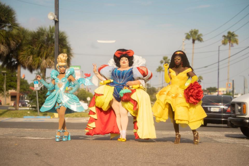 Shangela, Eureka and Bob the Drag Queen visit Orlando, in protest of Florida’s “Don’t Say Gay” bill during the filming of season 3 of HBO's "We're Here."