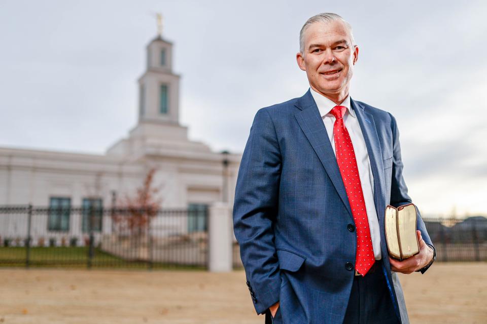Jacob Mendenhall, president of the Oklahoma City Stake in the Church of Jesus Christ of Latter-day Saints, stands in front of the Latter-day Saints' Oklahoma City Temple.