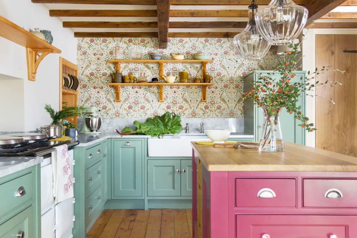 modern country style kitchen, a storybook cottage kitchen cabinet color calke green farrow ball kitchen island color radicchio farrow ball floral wallpaper