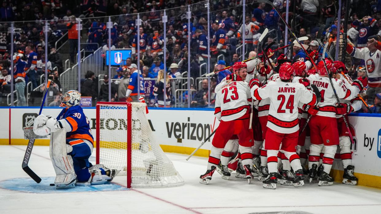 Paul Stastny scored exactly six minutes into overtime to send the Hurricanes to the second round of the Stanley Cup playoffs. (Getty Images)