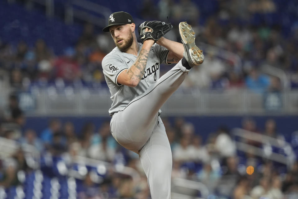 Chicago White Sox pitcher Garrett Crochet winds up during the second inning of a baseball game against the Miami Marlins, Saturday, July 6, 2024, in Miami. (AP Photo/Marta Lavandier)