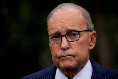 FILE PHOTO: White House chief economic adviser Larry Kudlow talks with reporters on the driveway outside the West Wing of the White House in Washington, U.S.
