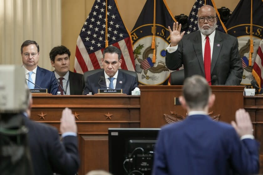 WASHINGTON, DC - JUNE 16: Rep. Bennie Thompson (D-Miss.) Rep. Pete Aguilar (D-Redlands) during a House Select Committee to Investigate the January 6th hearing in the Cannon House Office Building on Thursday, June 16, 2022 in Washington, DC. The bipartisan Select Committee to Investigate the January 6th Attack On the United States Capitol has spent nearly a year conducting more than 1,000 interviews, reviewed more than 140,000 documents day of the attack. (Kent Nishimura / Los Angeles Times)