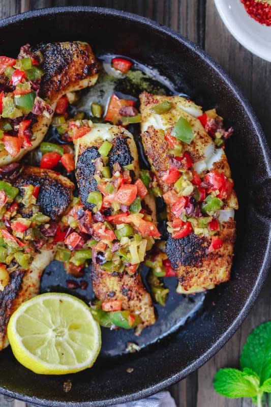 <p>The Mediterranean Dish</p><p>Your family will love this flavorful fish dish. Grab the recipe <a href="https://www.themediterraneandish.com/mediterranean-pan-seared-sea-bass-recipe/" rel="nofollow noopener" target="_blank" data-ylk="slk:here;elm:context_link;itc:0;sec:content-canvas" class="link ">here</a>.</p>