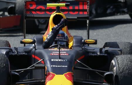 Formula One - Spanish Grand Prix - Barcelona-Catalunya racetrack, Montmelo, Spain - 15/5/16 Red Bull F1 driver Max Verstappen (R) of The Netherlands celebrates after winning Spanish Grand Prix. REUTERS/Albert Gea