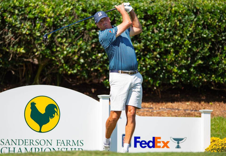 Matt Kuchar practices his swing during the Sanderson Farms Championship Pro-Am at the Country Club of Jackson in Jackson, Miss., on Wednesday, Oct. 2, 2024.