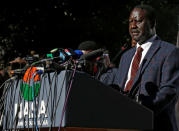 Opposition leader Raila Odinga speaks during a news conference at the offices of the National Super Alliance (NASA) coalition in Nairobi, Kenya August 16, 2017. REUTERS/Thomas Mukoya