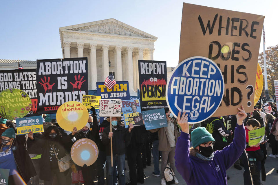 <div class="inline-image__caption"><p>Demonstrators gather in front of the U.S. Supreme Court as the justices hear arguments in Dobbs v. Jackson Women's Health on December 1, 2021 in Washington, DC. </p></div> <div class="inline-image__credit">Chip Somodevilla/Getty Images</div>