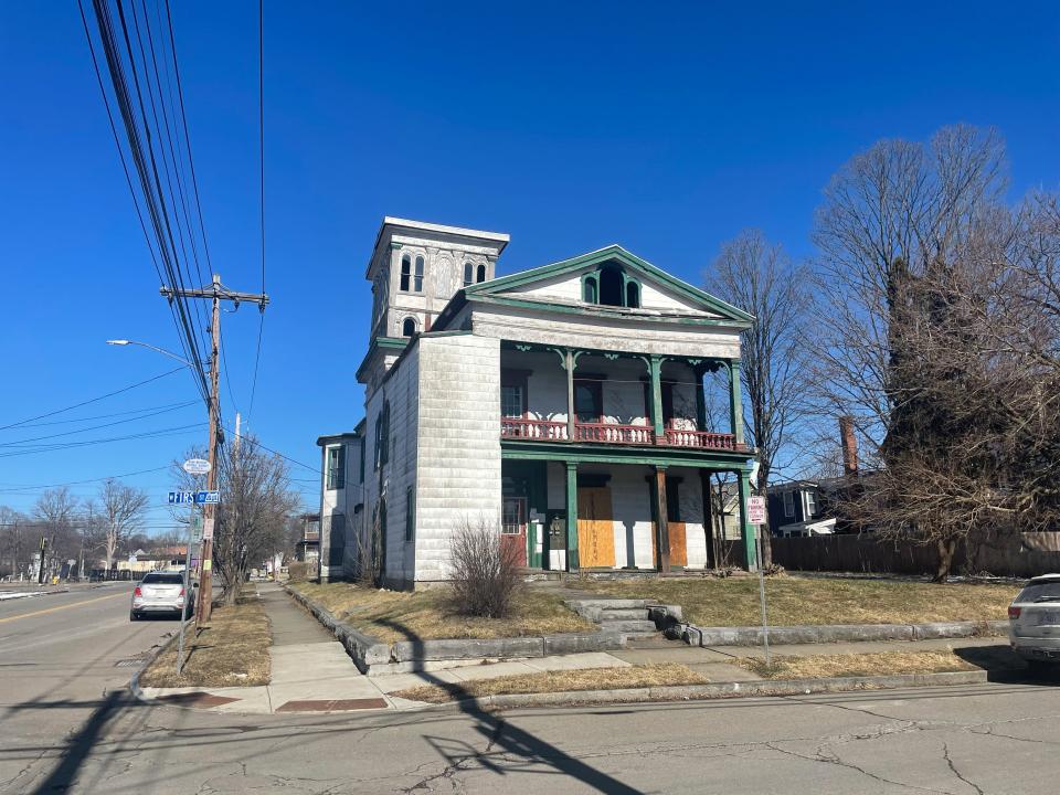 The "Leaning Tower of Elmira" on the northeast corner of College Avenue and West First Street as it looks today. The building has an extensive history.